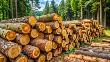 A pile of freshly cut tree trunks stacked in a forest clearing ready for transport, lumber, timber, wood industry