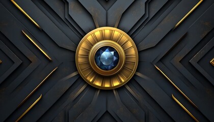 Fototapeta premium Blue Gemstone Embedded in Golden Circular Frame on Black Geometric Background