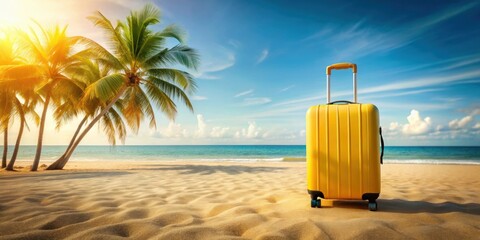 Obraz premium Yellow travel suitcase on sandy beach with palm trees in the background, travel, vacation, tropical, leisure