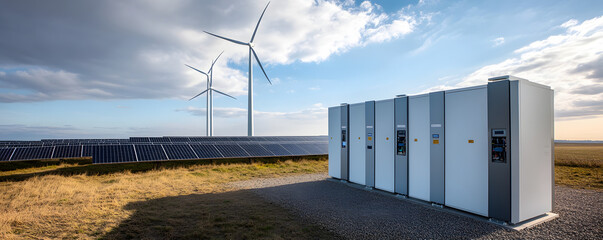 Photovoltaic panels and wind turbines with battery storage on the ground