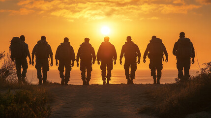 Silhouettes of a team standing triumphantly atop a mountain, symbolizing leadership, unity, achievement, and overcoming challenges. The sunrise in the background represents new beginnings and hope