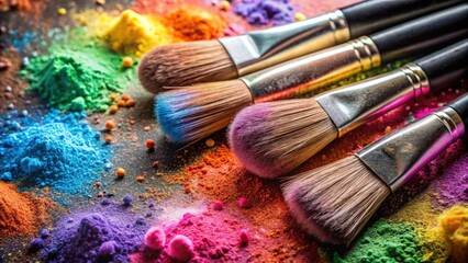 Fototapeta premium Close up of dirty makeup brushes covered in various colors of pigment, dirty, brushes, makeup, beauty, stained, used, tool