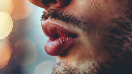A close-up shot of a man, his lips puckered in a playful and romantic lip smack, capturing the essence of a sensual and passionate moment