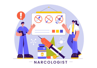 Narcologist Vector Illustration Featuring a Doctor, Drug Addiction Awareness, and Alcohol and Tobacco Issues in Healthcare in a Flat Background