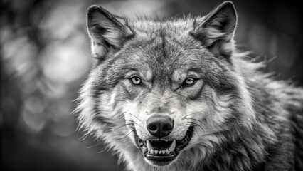 Fototapeta premium Greyscale closeup of an angry wolf with blurred background, wolf, animal, predator, closeup, wildlife, nature, aggressive, angry