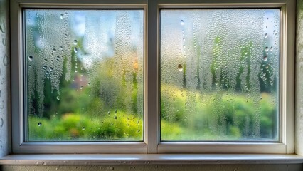 Condensation on window inside house , wet, moisture, droplets, glass, interior, home, winter, humid, weather, condense, damp