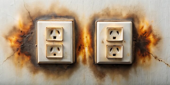 Burnt electrical wall outlets with visible scorch marks , fire hazard, damaged, danger, risk, safety, electrical, sockets, outdated