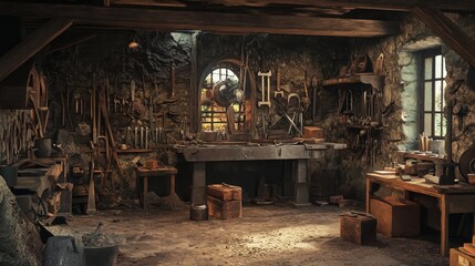 Fototapeta na wymiar An old stone and timber workshop with tools and workbench, sunlight streaming through window.