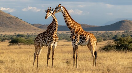 Two giraffes interacting in a grassy landscape under a blue sky.