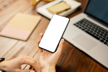 Mockup image of a woman using smartphone with blank screen. Transparent. Cut out. PNG