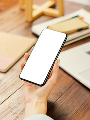 Mockup image of a woman using smartphone with blank screen. Transparent. Cut out. PNG