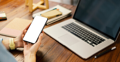 Mockup image of a woman using smartphone with blank screen. Transparent. Cut out. PNG