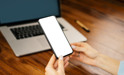 Mockup image of a woman using smartphone with blank screen. Transparent. Cut out. PNG