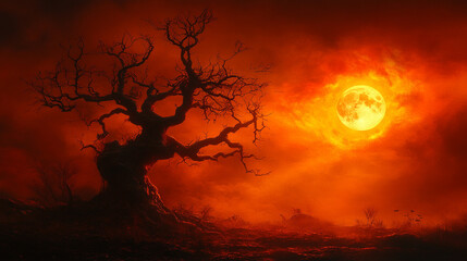 Halloween-themed background featuring an empty, shadowy space ideal for adding text or captions. The spooky atmosphere is enhanced by subtle fog and haunting silhouettes in the distance