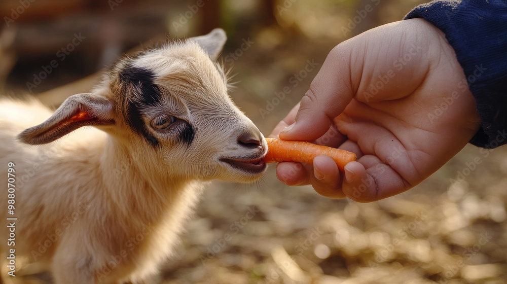 Wall mural A goat is being fed a carrot by a child's hand in a farm setting.