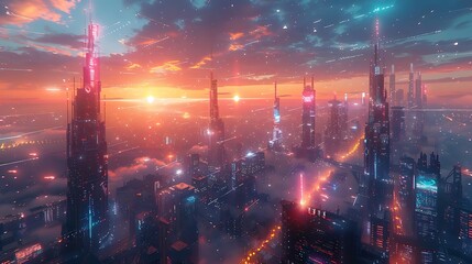 Obraz premium A vibrant futuristic cityscape at sunset with towering skyscrapers and neon lights.