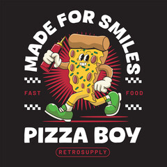 Fast Food Pizza Cute Funny Retro 60s 70s Cartoon Character Mascot Vector Illustration in Groovy Psychedelic Style for Bar Restaurant
