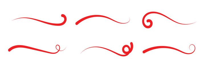 Swoosh and swash typography tails shape. Underline retro swoop wave line for athletic tshirt. Vector strockes set in red color in eps 10.