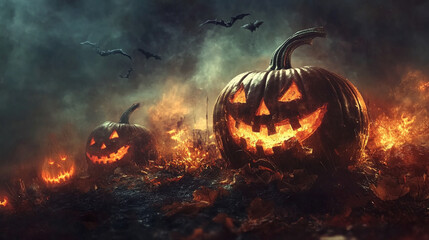 Halloween-themed background featuring an empty, shadowy space ideal for adding text or captions. The spooky atmosphere is enhanced by subtle fog and haunting silhouettes in the distance