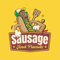 Fast Food Hot Dog Sausage Cute Funny Retro 60s 70s Cartoon Character Mascot Vector Illustration in Groovy Psychedelic Style for Bar Restaurant