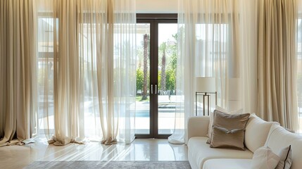 Fototapeta premium Elegant Living Room with Sheer Curtains and Natural Light