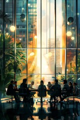A group of people engaged in a meeting with a vibrant cityscape background.