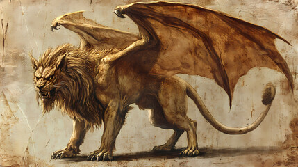 Fototapeta premium A depiction of a manticore with the body of a lion. Manticore. Illustration