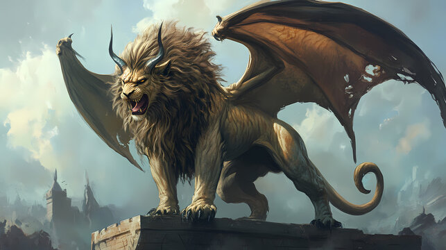 A depiction of a manticore with the body of a lion. Manticore. Illustration