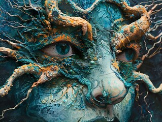 Surreal Face Art: Close-Up of a Blue and Gold Mask
