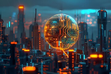 A futuristic cityscape featuring a glowing globe with circuit patterns, symbolizing technology.