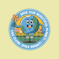 Earth Day Cute Globe Planet Save Energy Funny Vintage Retro 60s 70s Cartoon Character Mascot Vector Illustration in Groovy Psychedelic Style