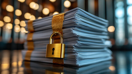 stack of documents secured by a golden padlock symbolizes data security, confidentiality, and protection of sensitive information, representing trust and privacy in modern communication