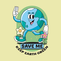 Earth Day Cute Globe Planet Save Energy Funny Vintage Retro 60s 70s Cartoon Character Mascot Vector Illustration in Groovy Psychedelic Style