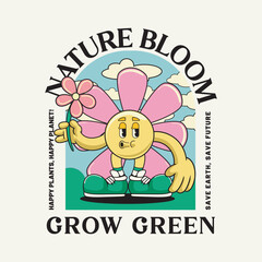 Happy Earth Day Cute Save Energy Funny Vintage Retro 60s 70s Cartoon Character Mascot Vector Illustration in Groovy Psychedelic Style