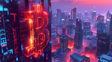 Futuristic cityscape featuring a glowing Bitcoin symbol amidst skyscrapers at dusk.