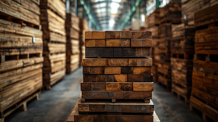 Sunlit stacks of wooden planks neatly arranged, symbolizing order, industry, and craftsmanship. The repetition and natural texture convey strength, durability, and the timeless beauty of wood in const