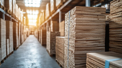Sunlit stacks of wooden planks neatly arranged, symbolizing order, industry, and craftsmanship. The repetition and natural texture convey strength, durability, and the timeless beauty of wood in const
