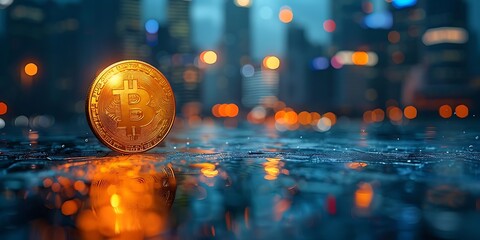 A glowing Bitcoin coin stands on a wet surface with a blurred cityscape in the background.