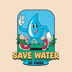 Happy Earth Day Save Water Cute Funny Vintage Retro 60s 70s Cartoon Character Mascot Vector Illustration in Groovy Psychedelic Style