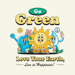 Earth Day Cute Globe Planet Save Energy Go Green Funny Vintage Retro 60s 70s Cartoon Character Mascot Vector Illustration in Groovy Psychedelic Style