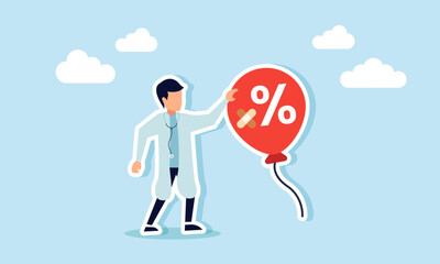 A doctor fixing a hole in a discount balloon using masking tape, illustration of the process of revising and evaluating a given discount promotion