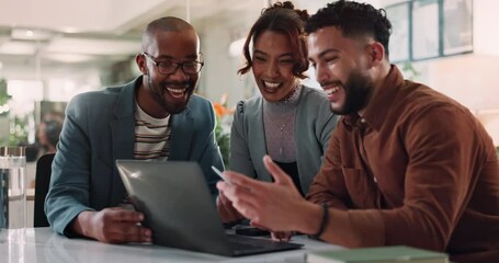 Business people, laptop and office for book discussion, team and online for media launch. Staff, creativity meeting and together for social engagement on website, literature and publishing agency - Powered by Adobe