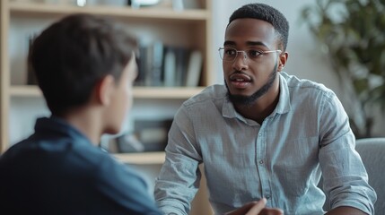 A mentor guiding a young professional, offering advice and encouragement in a mentorship relationship