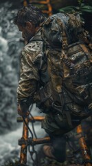 Fototapeta premium Man Hiking Through Lush Rainforest with Backpack