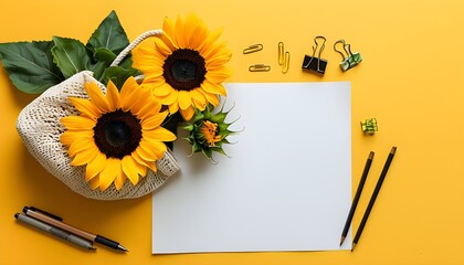 Bright composition of sunflowers, stationery, and a white paper bag on vibrant yellow backdrop, evoking summer and autumn vibes