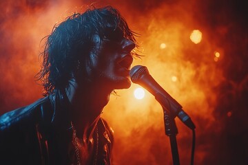 Dynamic Close-Up of a Singer Performing on Stage with Bright Lights and Vivid Colors in Background