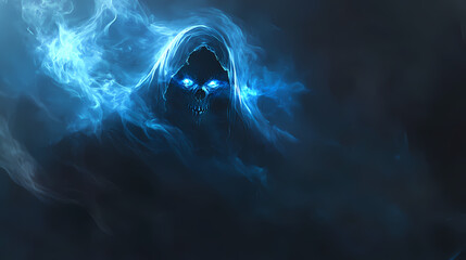 A mysterious djinn grim reaper emerging from smoke glowing eyes piercing through the darkness. Djinn. Illustration
