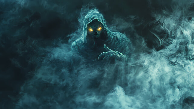 A mysterious djinn grim reaper emerging from smoke glowing eyes piercing through the darkness. Djinn. Illustration
