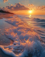 Naklejka premium Golden Sunlight Breaking Over the Horizon at Dawn, Illuminating the Sky and Landscape in Warm Hues
