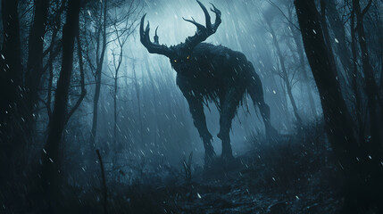 A mystical wendigo in a dark, misty forest with rain, creating a dramatic halloween scene. perfect for themed decorations and storytelling, with copy space. Wendigo. Illustration